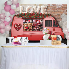 Lofaris Rosa Lieferwagen Valentinstag Fotohintergrund mit roten Rosen, Herzen und Teddybären für romantische Paarfotos