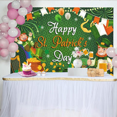 Lofaris Grüner festlicher St. Patrick's Day Hintergrund mit fröhlichen Kobolden, Kleeblättern Goldtopf und Regenbogen für Party