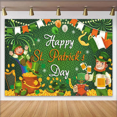 Lofaris Grüner festlicher St. Patrick's Day Hintergrund mit fröhlichen Kobolden, Kleeblättern Goldtopf und Regenbogen für Party