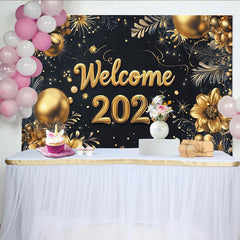 Lofaris Eleganter schwarz-goldener Neujahrshintergrund mit "Welcome 2026" Schriftzug, Blumen und funkelndem Feuerwerk für Silvesterparty