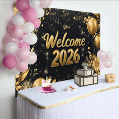 Lofaris Gold-schwarzer Neujahrshintergrund mit Ballons Glitzer und Blumen, elegante Silvesterparty-Dekoration 2026