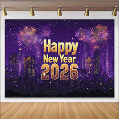 Lofaris Goldglitzer Happy New Year 2026 Neujahrshintergrund, lila Stadtbild Feuerwerk Party Dekoration für Silvester Feier