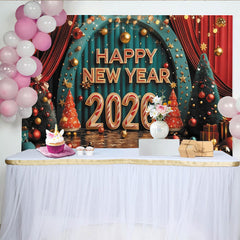 Lofaris Festlicher Neujahr 2026 Hintergrund mit roten und türkisen Vorhängen, goldenen Sternen und Weihnachtsbäumen für Party