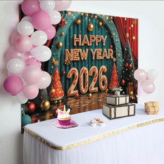 Lofaris Festlicher Neujahr 2026 Hintergrund mit roten und türkisen Vorhängen, goldenen Sternen und Weihnachtsbäumen für Party