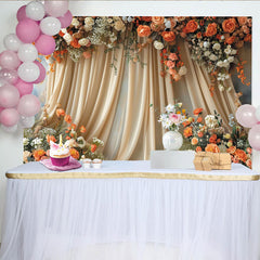 Lofaris Eleganter Blumenfotohintergrund mit beigen Vorhängen und orangefarbenen Pfirsichblüten, für Hochzeiten und Porträts