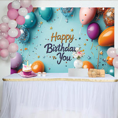 Lofaris Fröhlicher Happy Birthday Hintergrund in Hellblau, mit bunten Ballons, Konfetti und Sternen für die Geburtstagsfeier