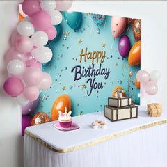 Lofaris Fröhlicher Happy Birthday Hintergrund in Hellblau, mit bunten Ballons, Konfetti und Sternen für die Geburtstagsfeier