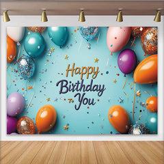 Lofaris Fröhlicher Happy Birthday Hintergrund in Hellblau, mit bunten Ballons, Konfetti und Sternen für die Geburtstagsfeier