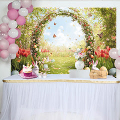 Lofaris Frühlingshafter Blumenbogen Osterhintergrund mit Hasen und Ostereiern, lebendige Fotowand für Frühlingsfest, Fotoshooting und Party
