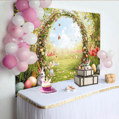 Lofaris Frühlingshafter Blumenbogen Osterhintergrund mit Hasen und Ostereiern, lebendige Fotowand für Frühlingsfest, Fotoshooting und Party
