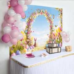 Lofaris Bunter Osterhintergrund mit Hasen Blumenbogen und Ostereiern, Frühlings Kulisse für Party und Fotoshooting