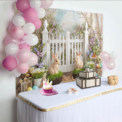 Lofaris Idyllischer Oster-Fotohintergrund mit Hasen, bunten Eiern und Frühlingsblumen, für Studio und Osterfeier-Dekoration