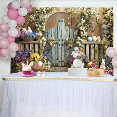 Lofaris Idyllischer Osterfrühlingshintergrund mit Holztor Blumen und Hasen, bunte Ostereier Laternen und Pflanzen für Fotoshootings