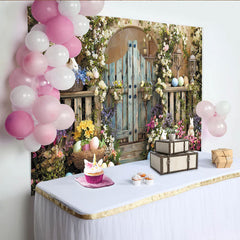 Lofaris Idyllischer Osterfrühlingshintergrund mit Holztor Blumen und Hasen, bunte Ostereier Laternen und Pflanzen für Fotoshootings