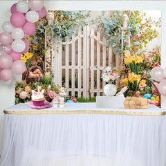 Lofaris Oster Fotohintergrund mit Hasen Ostereiern und Frühlingsblumen, weißem Gartentor, schöne Kulisse für Frühlingsfotoshootings