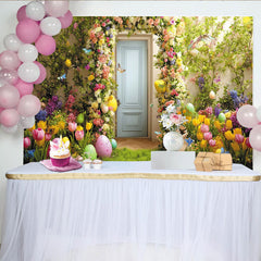 Lofaris Frühlingshafter Osterhintergrund mit Blumen, Ostereiern und Hase, farbenfrohe Fotokulisse für Frühlingsfeste und Fotos