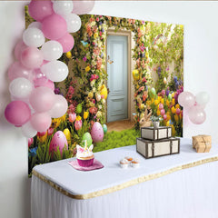 Lofaris Frühlingshafter Osterhintergrund mit Blumen, Ostereiern und Hase, farbenfrohe Fotokulisse für Frühlingsfeste und Fotos