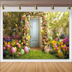 Lofaris Frühlingshafter Osterhintergrund mit Blumen, Ostereiern und Hase, farbenfrohe Fotokulisse für Frühlingsfeste und Fotos