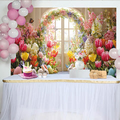 Lofaris Frühlingshafter Osterhintergrund mit bunten Blumen, Hasen und Ostereiern, elegante Fotokulisse für Frühlingspartys und Fotoshootings