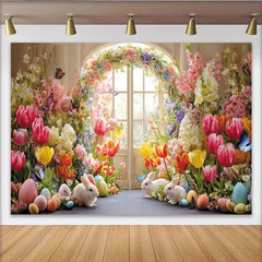 Lofaris Frühlingshafter Osterhintergrund mit bunten Blumen, Hasen und Ostereiern, elegante Fotokulisse für Frühlingspartys und Fotoshootings