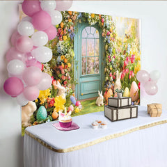 Lofaris Osterhintergrund mit gewölbter Tür, Hasen und bunten Blumen, festliche Frühlings-Fotowand für professionelle Fotoshootings