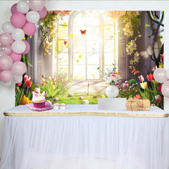 Lofaris Frühlingshafter Osterhintergrund mit Fenster Blumen und Eiern, leuchtende Fotokulisse für Frühlingsfotoshootings und Dekoration