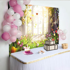 Lofaris Frühlingshafter Osterhintergrund mit Fenster Blumen und Eiern, leuchtende Fotokulisse für Frühlingsfotoshootings und Dekoration