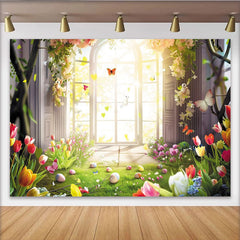 Lofaris Frühlingshafter Osterhintergrund mit Fenster Blumen und Eiern, leuchtende Fotokulisse für Frühlingsfotoshootings und Dekoration