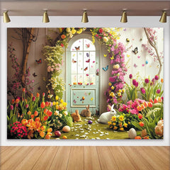 Lofaris Frühlingsblumen Osterhintergrund mit Hasen und bunten Eiern, für festliche Fotografie und Dekoration