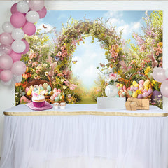 Lofaris Idyllischer Oster-Fotohintergrund mit Blumenbogen und bunten Ostereiern, Frühlingslandschaft für Fotoshootings