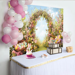 Lofaris Idyllischer Oster-Fotohintergrund mit Blumenbogen und bunten Ostereiern, Frühlingslandschaft für Fotoshootings