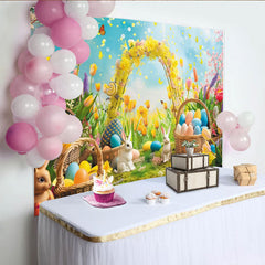 Lofaris Farbenfroher Oster-Fotohintergrund mit Hasen, Ostereiern und Blumen, idyllische Frühlingslandschaft für Fotoshootings