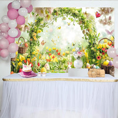 Lofaris Frühlingshafter Osterhintergrund mit bunten Eiern und weißem Hasen, blühende Blumen Schmetterlinge Fotowand für Frühlingsfotoshootings