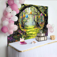 Lofaris Magischer Osterhintergrund mit bunten Eiern im frühlingshaften Wald, festliche Fotowand für Frühlingspartys und Fotoshootings