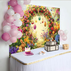 Lofaris Bunter Osterhintergrund mit Blumenbogen Hasen und Ostereiern, frühlingshafte Kulisse für festliche Fotografie und Partydekoration