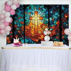 Lofaris Künstlerischer Buntglasfenster Kreuz Hintergrund mit leuchtenden Farben, elegante Fotowand für spirituelle Porträts und Events