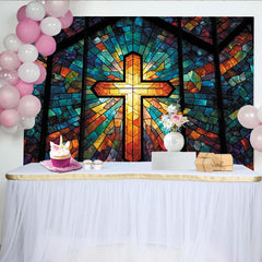 Lofaris Leuchtender Buntglasfenster-Hintergrund mit Kreuz und abstraktem Design, farbenfrohe Kulisse für Fotostudio und Kirche