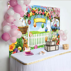 Lofaris Bunter Oster-Hintergrund mit Hasen und Ostereiern, idyllische Frühlings-Fotokulisse mit Blumen und weißem Zaun für Partys