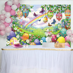 Lofaris Frühlingshafter Osterhintergrund mit bunten Eiern und Regenbogen, wunderschöne Frühlingslandschaft Fotowand für Dekoration