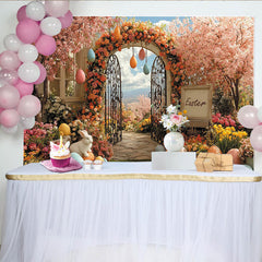 Lofaris Bunter Osterhintergrund mit Kirschblüten Torbogen und Hasen, frühlingshafte Fotowand für festliche Fotoshootings