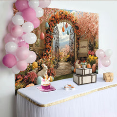 Lofaris Bunter Osterhintergrund mit Kirschblüten Torbogen und Hasen, frühlingshafte Fotowand für festliche Fotoshootings
