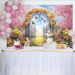 Lofaris Frühlingshafter Osterhintergrund mit rosa Kirschblüten, Hasen und bunten Eiern, idyllische Kulisse für festliche Familienfotoshootings