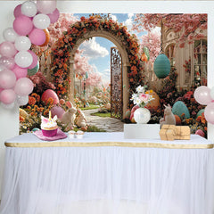 Lofaris Zauberhafter Frühlingslandschaft Hintergrund mit rosa Kirschblüten, bunten Ostereiern und Hasen, ideale Fotokulisse für Feste
