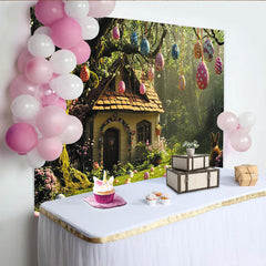 Lofaris Bunter Osterhintergrund mit vielen Ostereiern und Frühlingsblumen, märchenhafte Kulisse für Häschen Fotoshootings