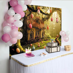Lofaris Märchenhafter Osterhintergrund mit Hase und bunten Eiern, idyllische Kulisse für Frühlingsfotos und Partydekoration