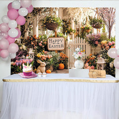 Lofaris Frühlingshafter Osterhintergrund mit Happy Easter Schild und Hasen, pastellfarbene Fotokulisse für Frühlingsdekoration