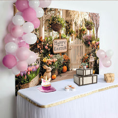 Lofaris Frühlingshafter Osterhintergrund mit Happy Easter Schild und Hasen, pastellfarbene Fotokulisse für Frühlingsdekoration