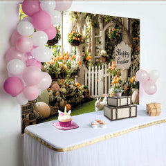 Lofaris Frühlingshafter Osterhintergrund mit Blumen Hasen und Ostereiern, idyllische Gartenkulisse für Fotoshootings und festliche Dekoration