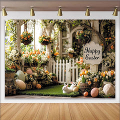Lofaris Frühlingshafter Osterhintergrund mit Blumen Hasen und Ostereiern, idyllische Gartenkulisse für Fotoshootings und festliche Dekoration