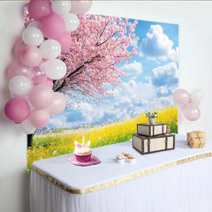 Lofaris Rosa Kirschblüten Frühlingslandschaft Hintergrund mit gelbem Blumenfeld, lebendige Fotokulisse für Fotoshootings und Eventdekoration